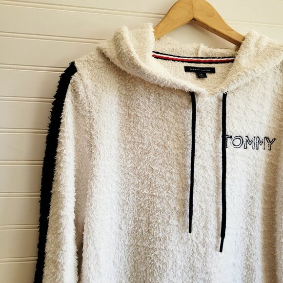 Tommy Hilfiger Hoodie Womens Small Cream Fuzzy Fleeece Pullover Spellout Logo - Picture 3 of 7